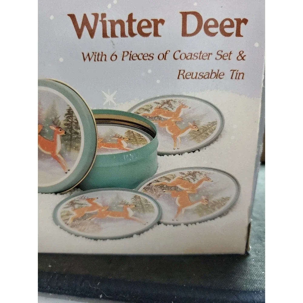 Vintage 1990 Winter‎ Deer Coaster Set With Tin Christmas Buck 6 Piece